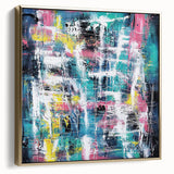 Framed canvas artwork showcasing an abstract design with gold and silver splatters, set against a dark background, ideal for modern home decor.