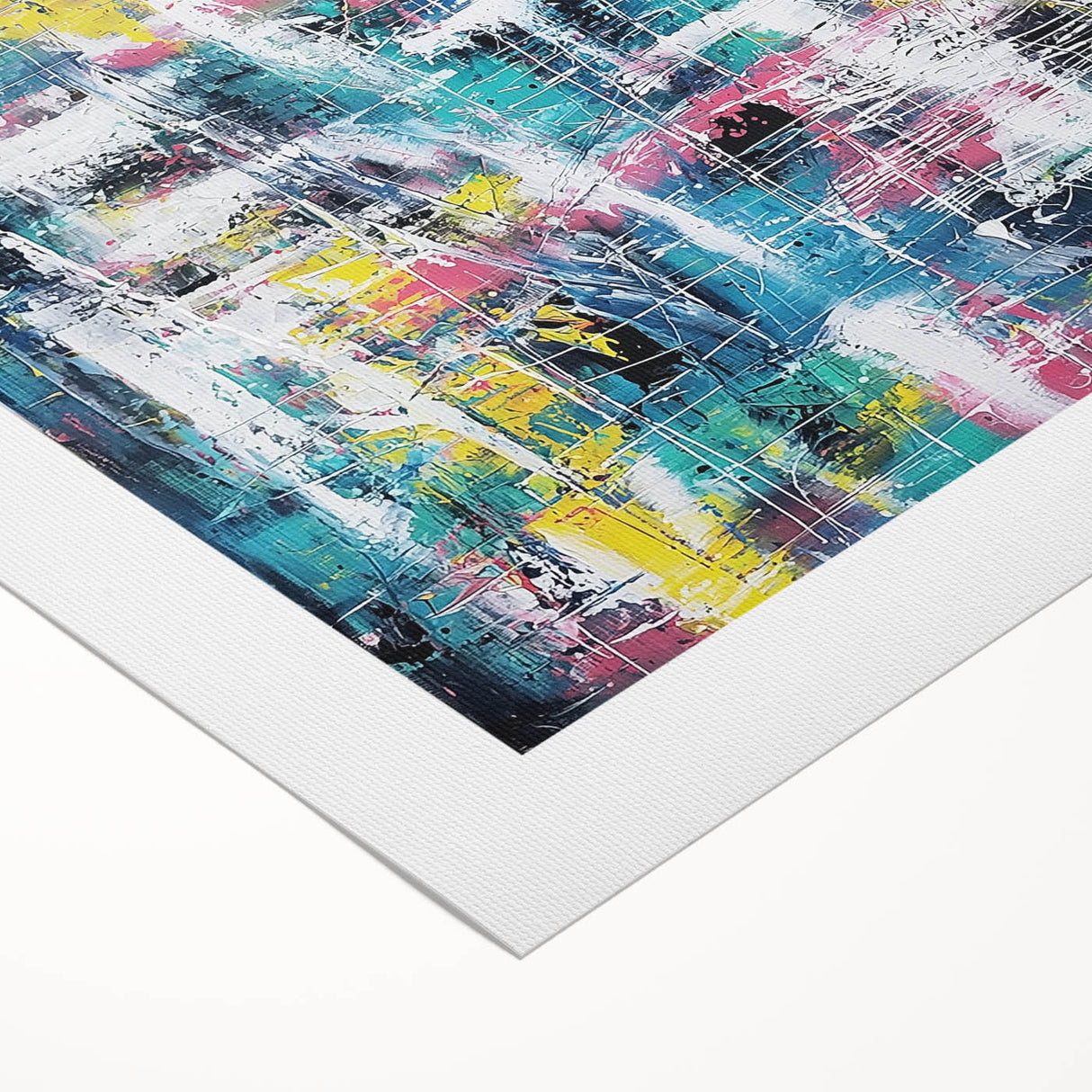 Abstract splatter art on rolled canvas showcasing vibrant colors and dynamic patterns, ideal for modern decor. Packaged securely in a protective tube for easy display.