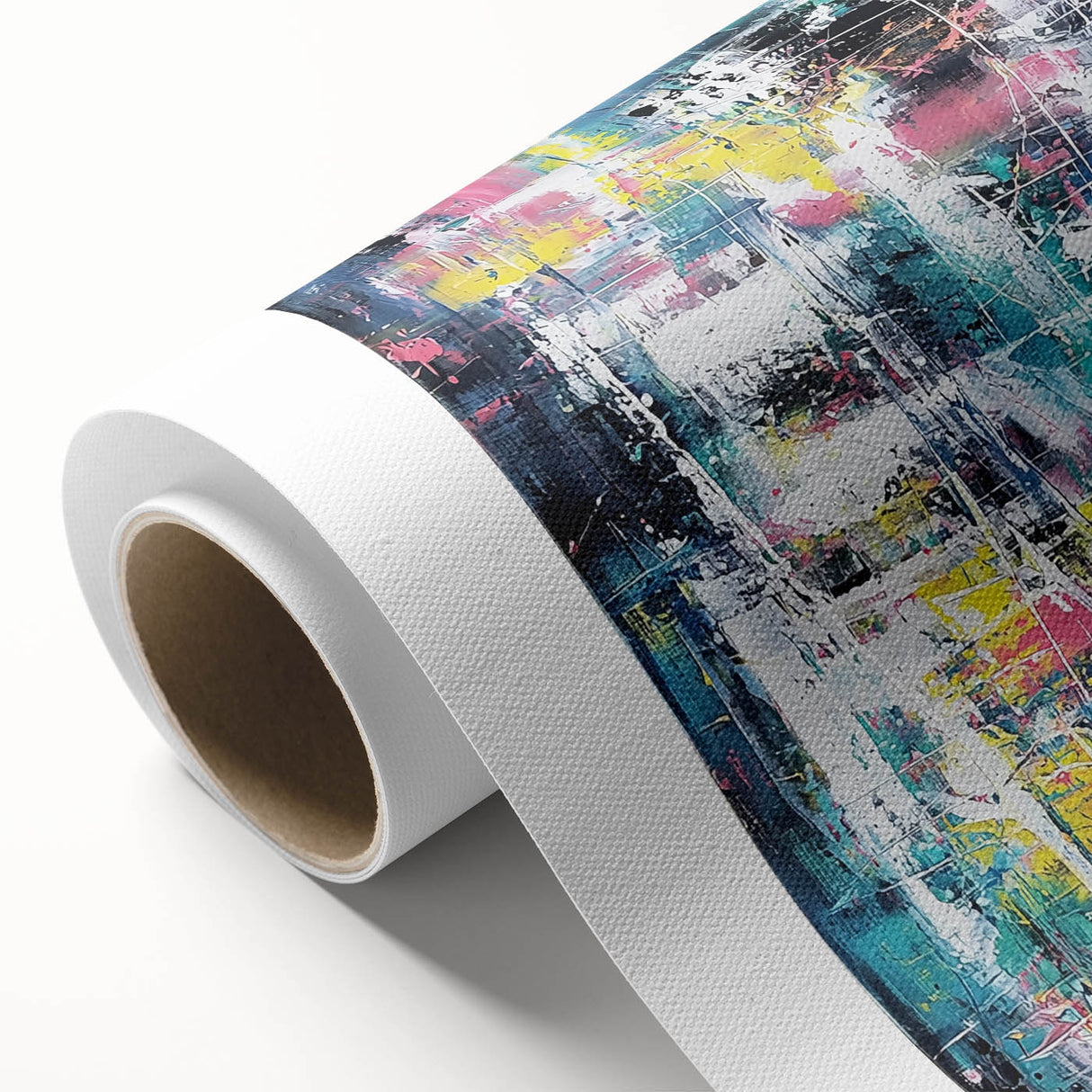 Abstract splattered canvas art in vibrant hues of blue, pink, and yellow, showcasing a modern artistic design, perfect for contemporary home decor.