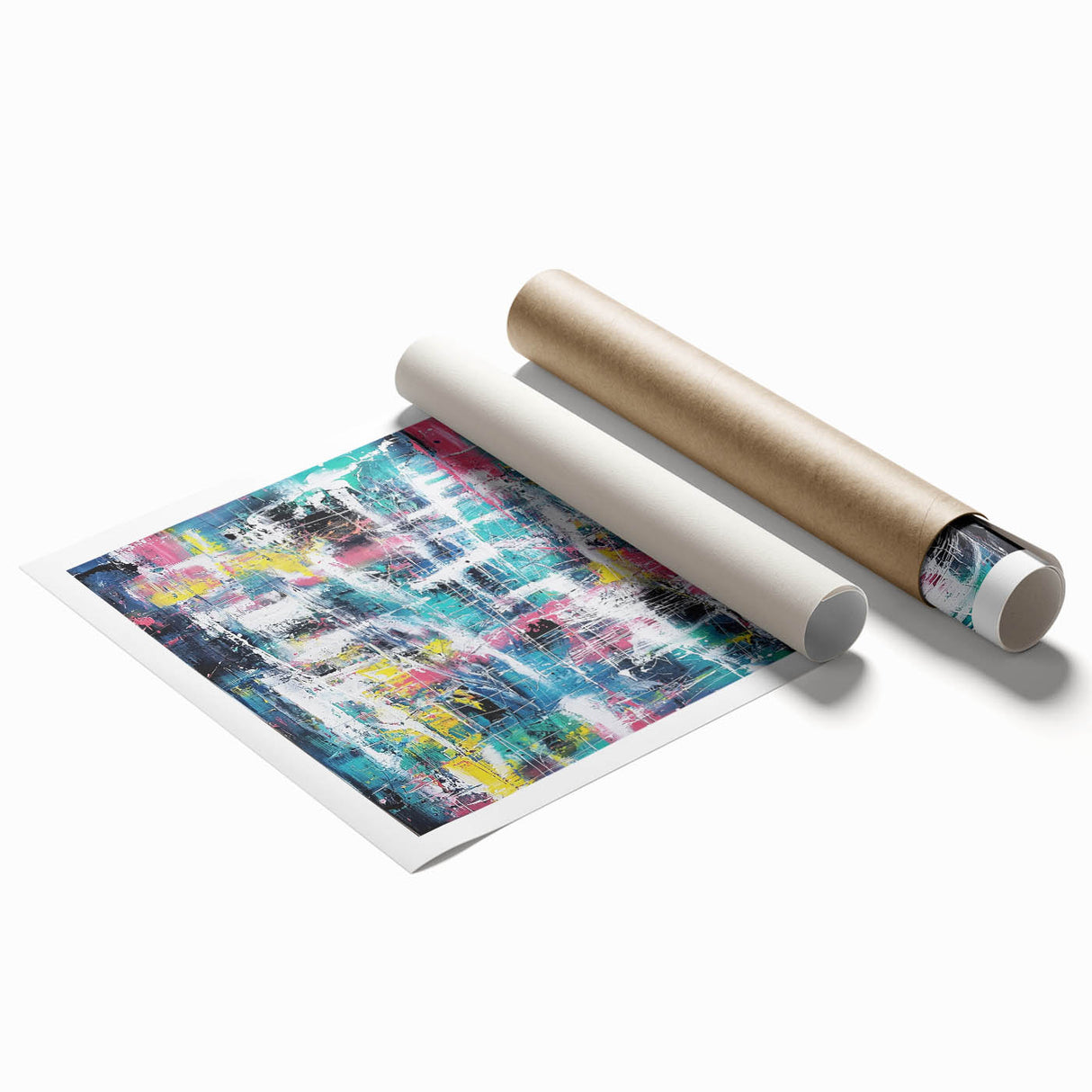 Abstract art print showcasing vibrant splatters in shades of blue, orange, and yellow, rolled for easy shipping and display, perfect for modern home decor.