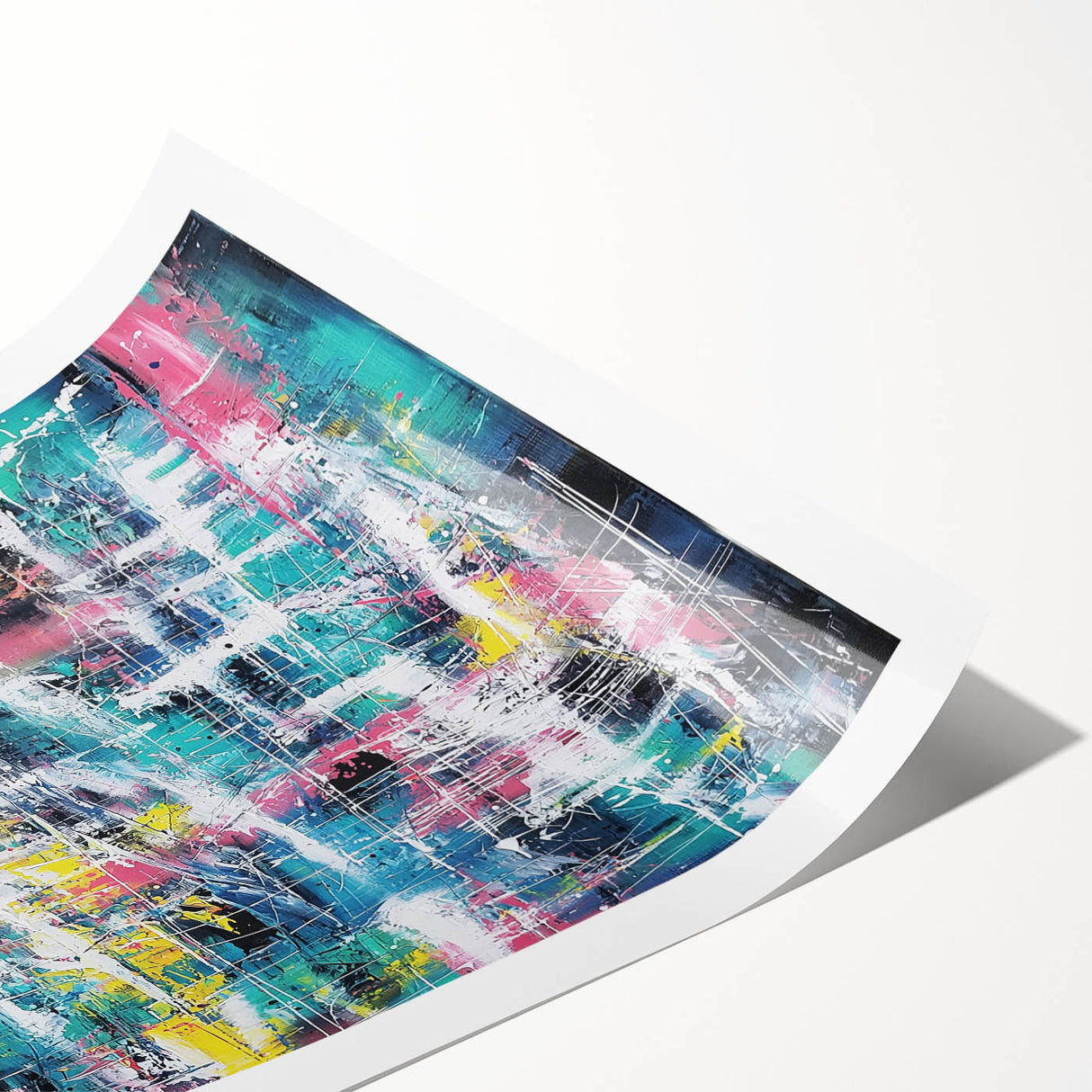 Abstract rolled print showcasing vibrant, colorful splatters on a textured surface, ideal for modern home decor. Packaged securely in a durable cardboard tube for safe delivery and easy display.