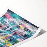 Abstract rolled print showcasing vibrant, colorful splatters on a textured surface, ideal for modern home decor. Packaged securely in a durable cardboard tube for safe delivery and easy display.
