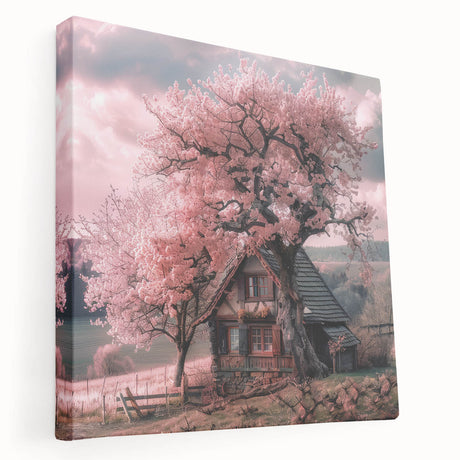 Large art depicting a row of colorful cottages in a minimalist style on stretched canvas, suitable for kitchen wall art.