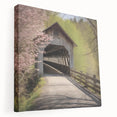 Side view of a large stretched canvas featuring a covered bridge in muted earth tones, suitable for kitchen wall art.