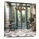 Acrylic print of a large abstract design featuring a French door, in muted gray and blue tones, ideal for dining room art.