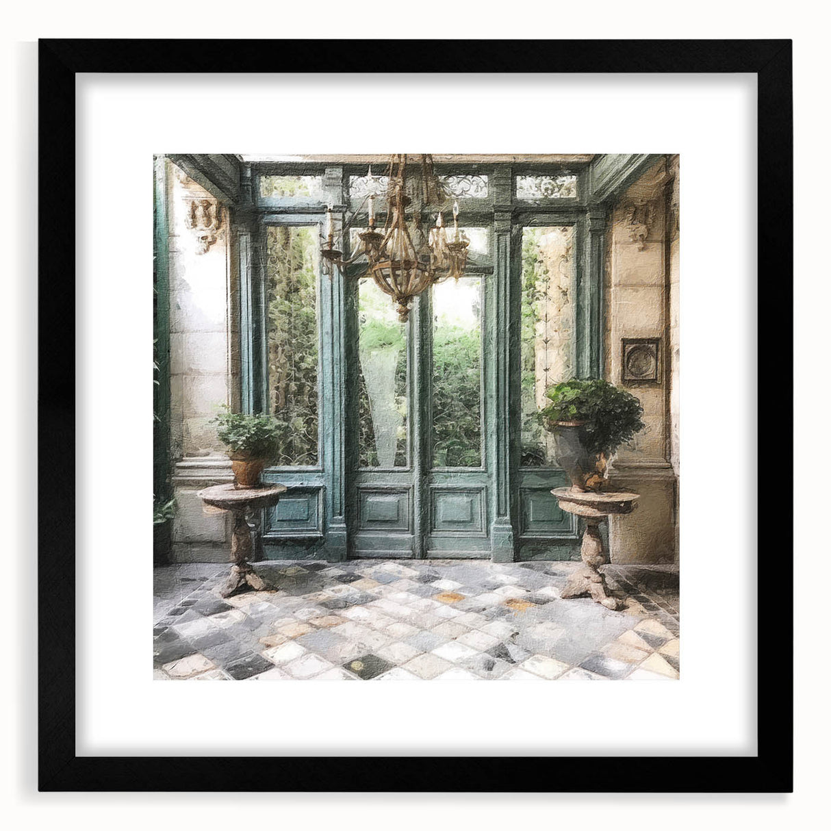 Extra large abstract art print featuring a colorful, textured door design in a black frame, ideal for living room decor.