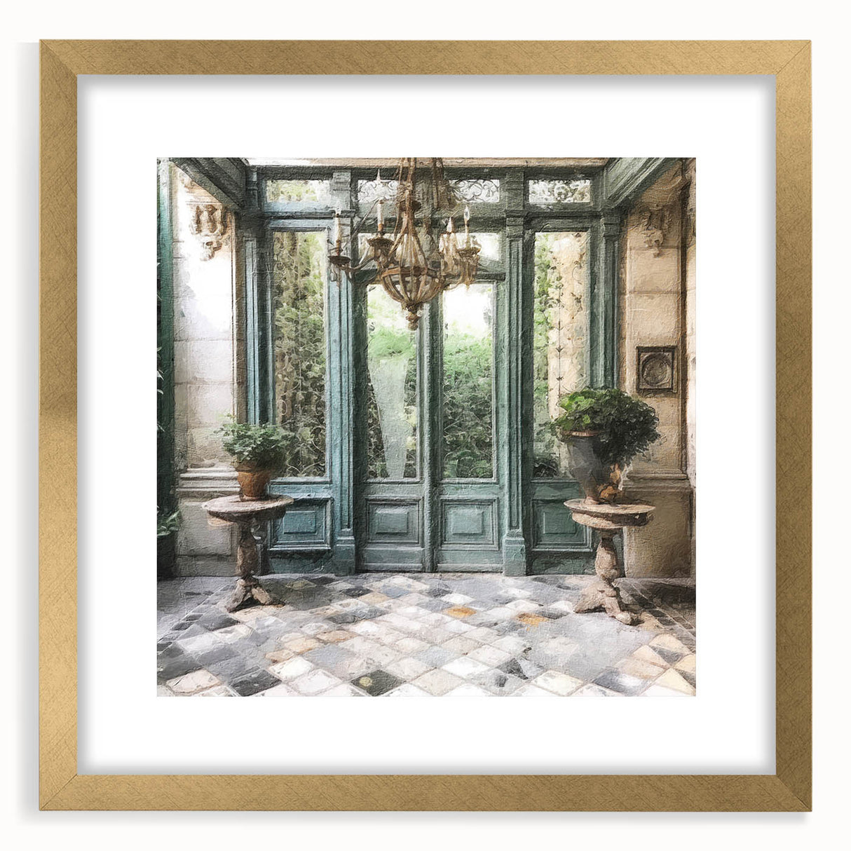 Extra large abstract art print featuring textured patterns in gold and white, framed with a mat, ideal for living room decor.