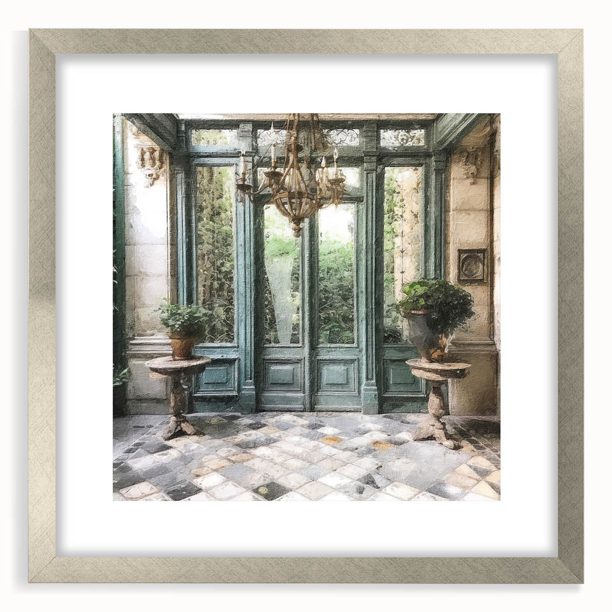 Textured abstract art print of a French door design in silver frame, suited for bedroom wall decor.
