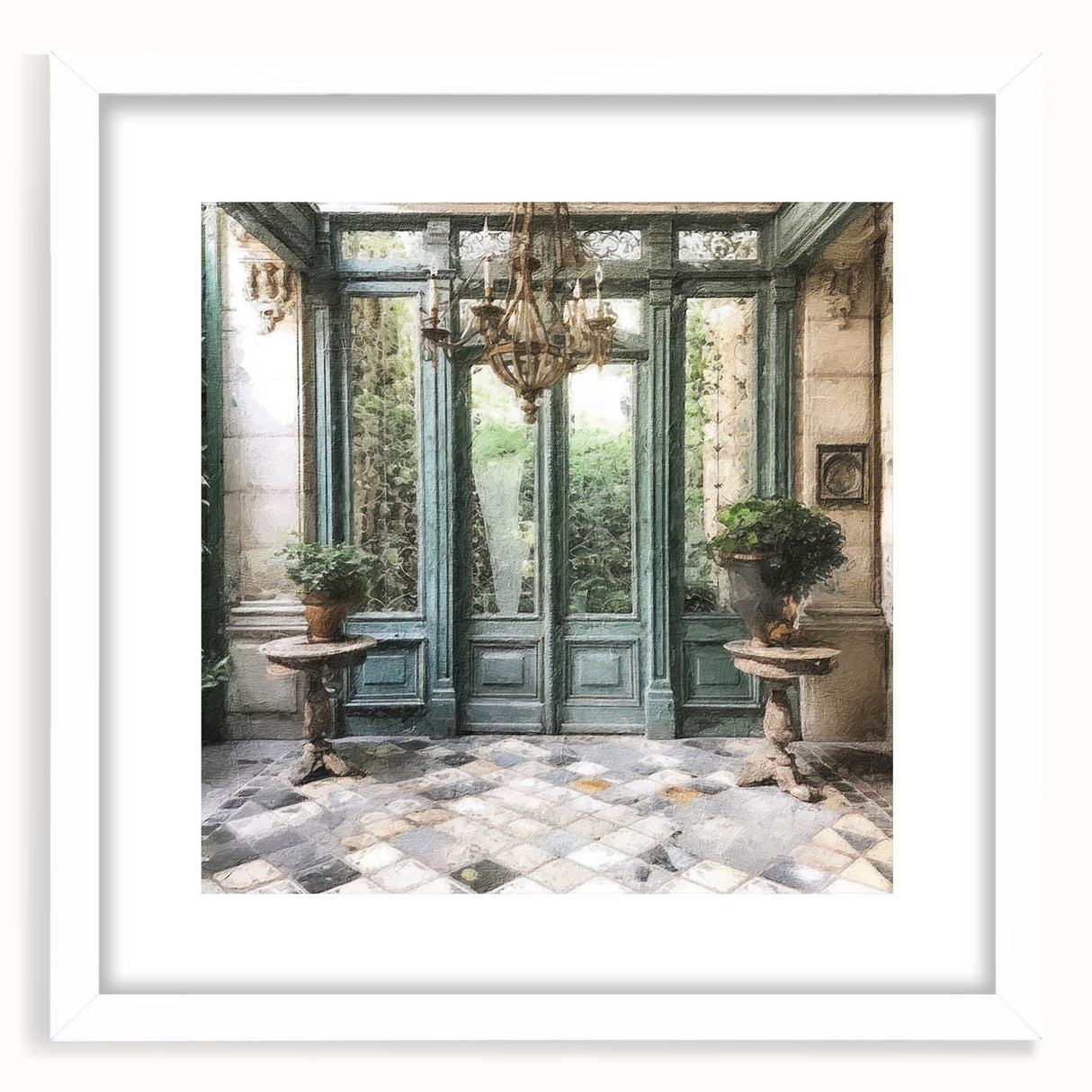 Abstract art print of a stylized French door in muted browns and whites on a framed canvas, suitable for dining room decor.