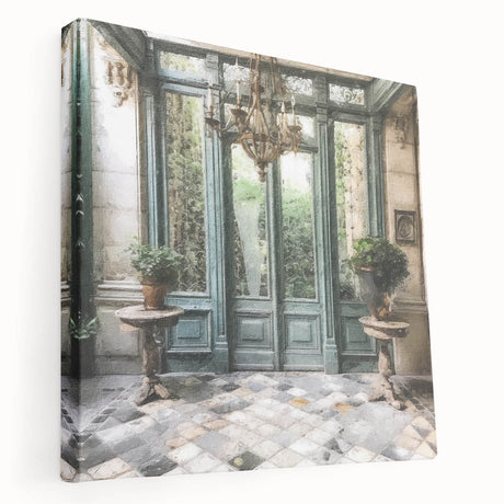 Large art depicting a detailed French door architecture on stretched canvas, suitable for kitchen wall art.