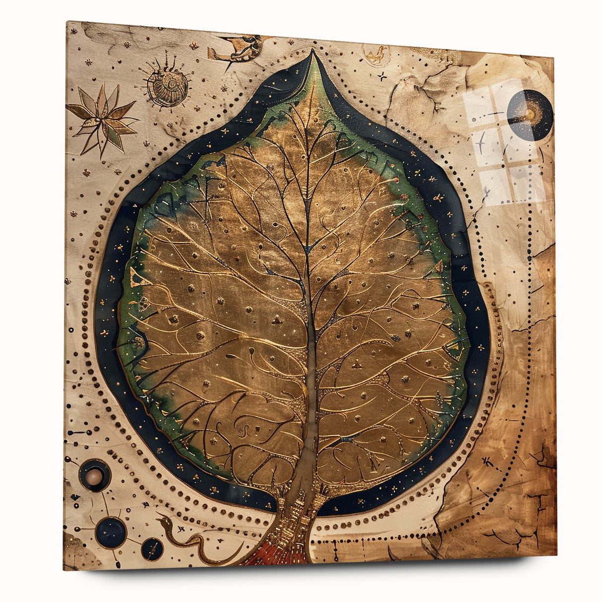 Acrylic glass wall art design showcasing vibrant flowers and botanical leaves in a modern style, displayed from a side view without pins, ideal for home decor.