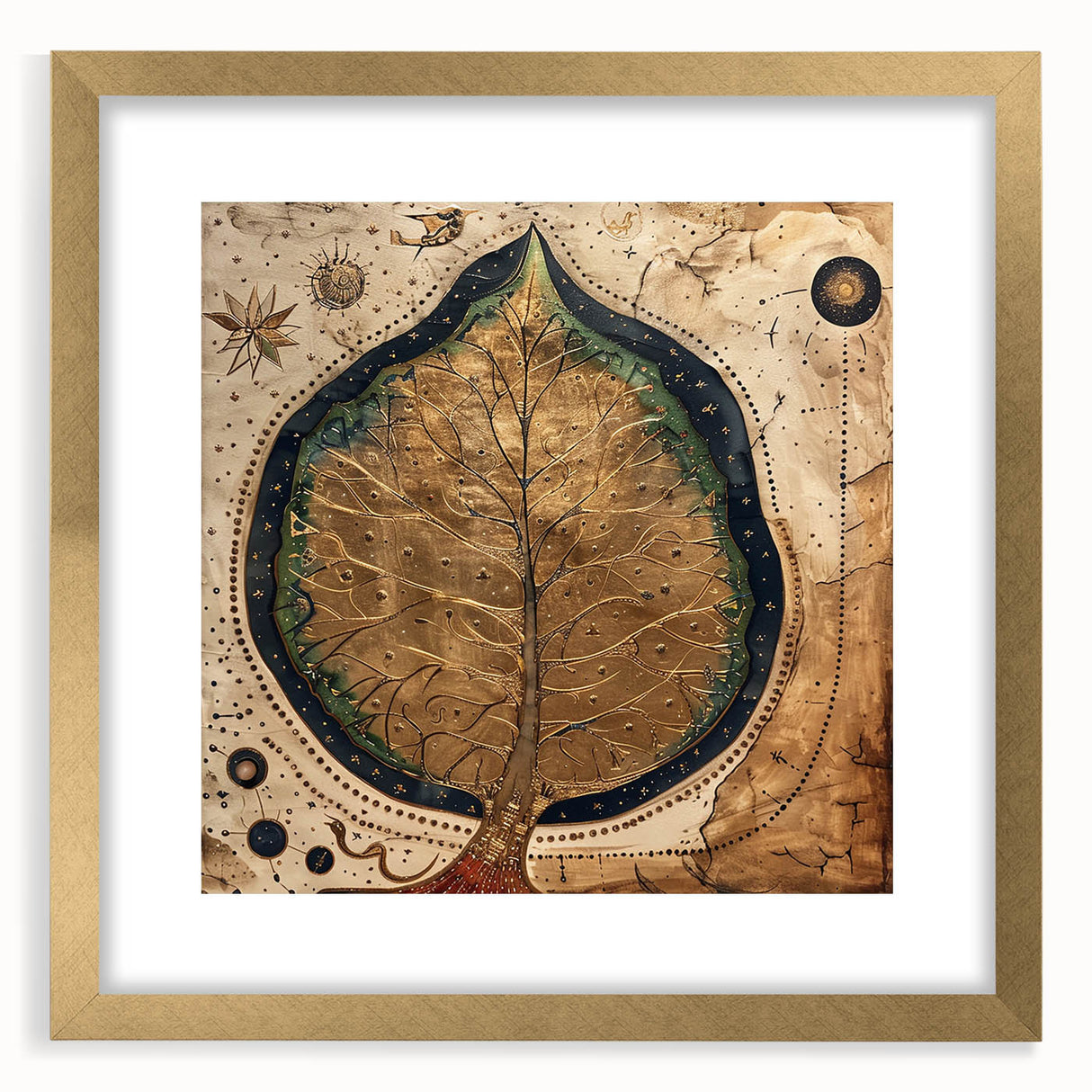 Framed wall art featuring a vibrant floral and botanical design in gold, showcasing intricate flowers and leaves, perfect for home decor.
