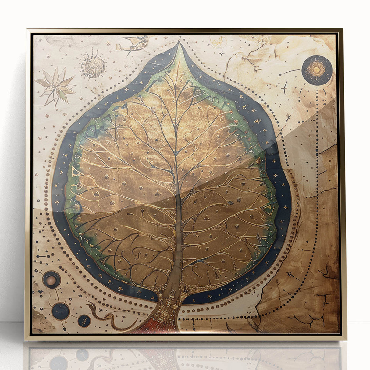 Framed acrylic wall art featuring a vibrant design of flowers and botanical leaves in gold tones, set against a sleek background, perfect for modern decor.