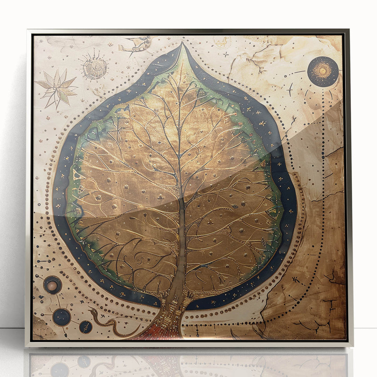 Framed wall art featuring vibrant floral and botanical designs with silver accents, elegantly displayed in an acrylic frame, perfect for home decor.