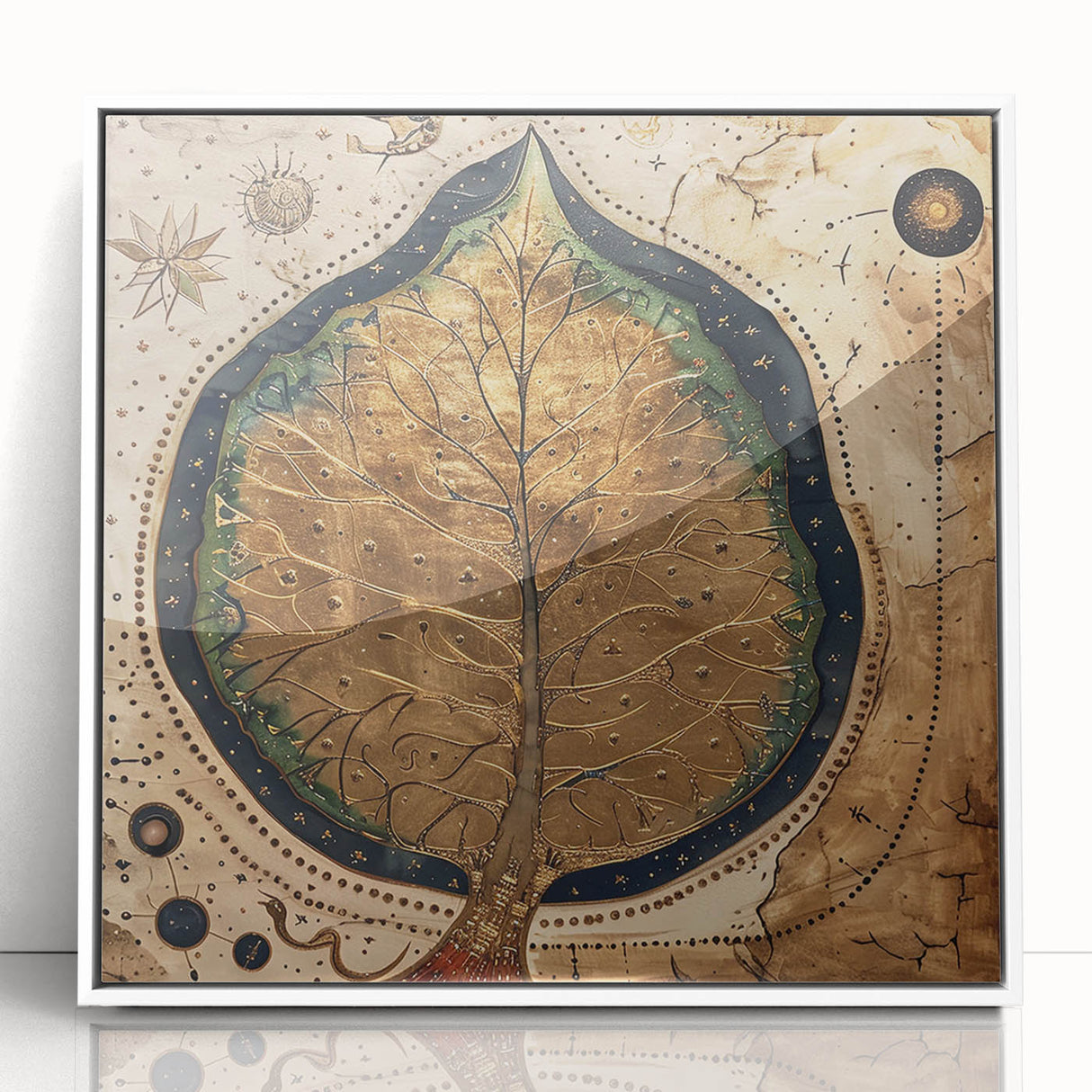 Framed wall art showcasing a vibrant floral design with green leaves, set in a sleek white frame, perfect for modern home decor. Ideal for adding a touch of nature to any room.