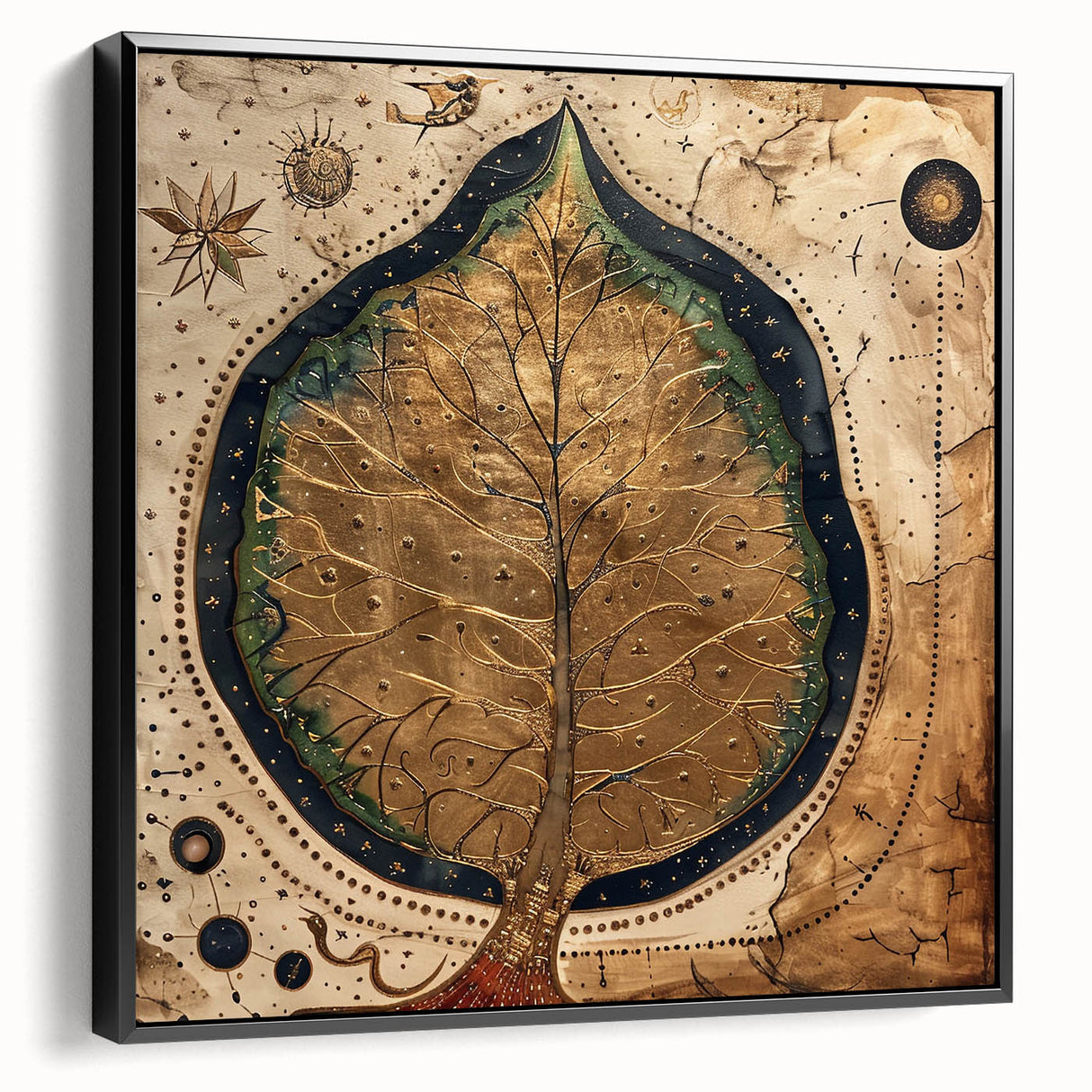 Framed canvas wall art showcasing an elegant floral and botanical design with vibrant colors and intricate details, presented in a sleek black frame for a modern touch.
