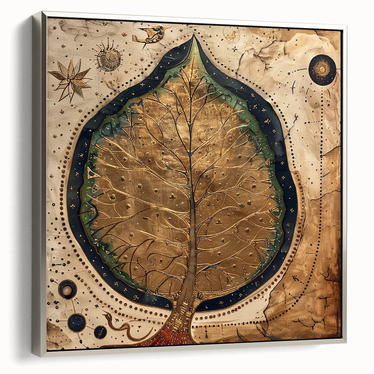 Framed canvas wall art showcasing a vibrant floral design with intricate leaves in silver tones, perfect for adding elegance to any home decor.