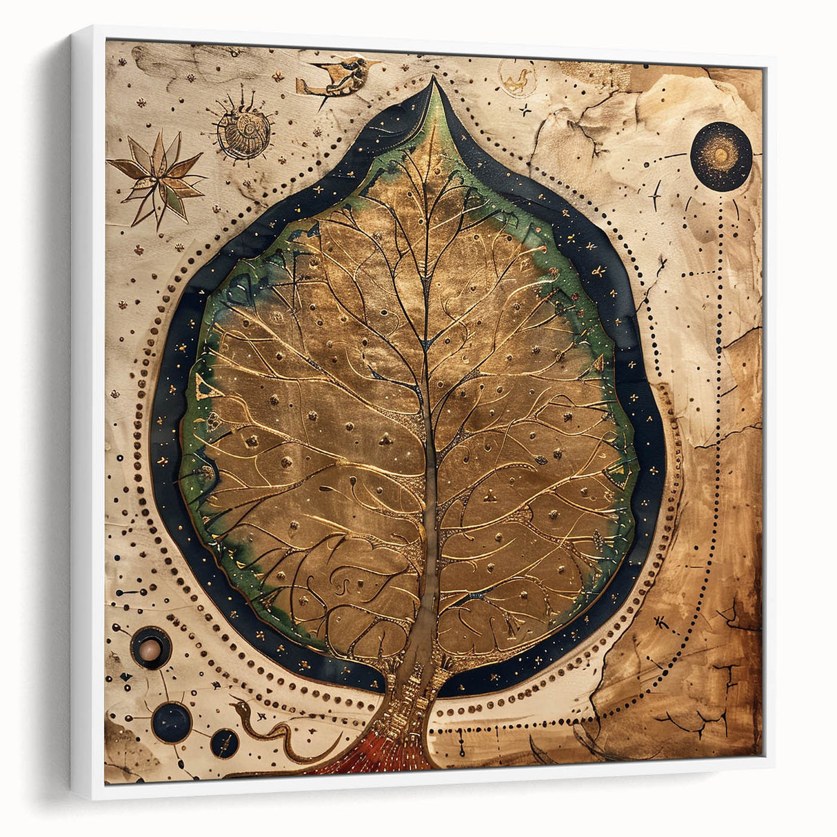Framed canvas wall art showcasing a vibrant floral and botanical design with green leaves on a white background, viewed from the side, perfect for home decor.