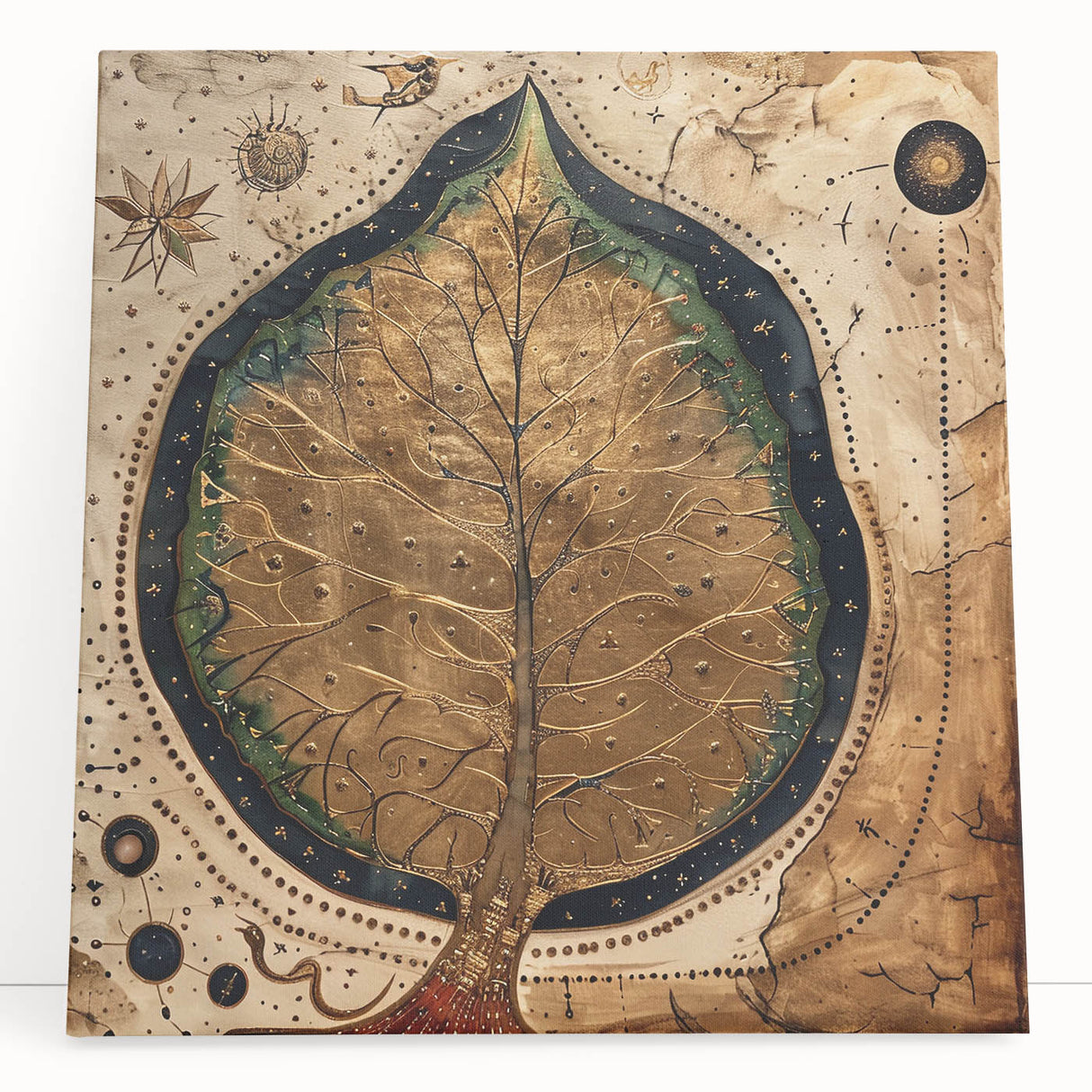 Vibrant stretched canvas wall art showcasing an intricate floral and botanical leaves design, leaning against a white wall, perfect for modern home decor.