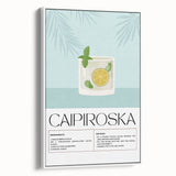 Vintage poster art of assorted beverages in vibrant colors on a large white framed canvas, ideal for living room decor.
