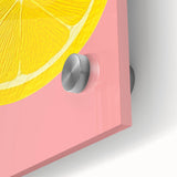 Large abstract wall art featuring assorted fruits in vibrant colors on acrylic glass, ideal for dining room decor.