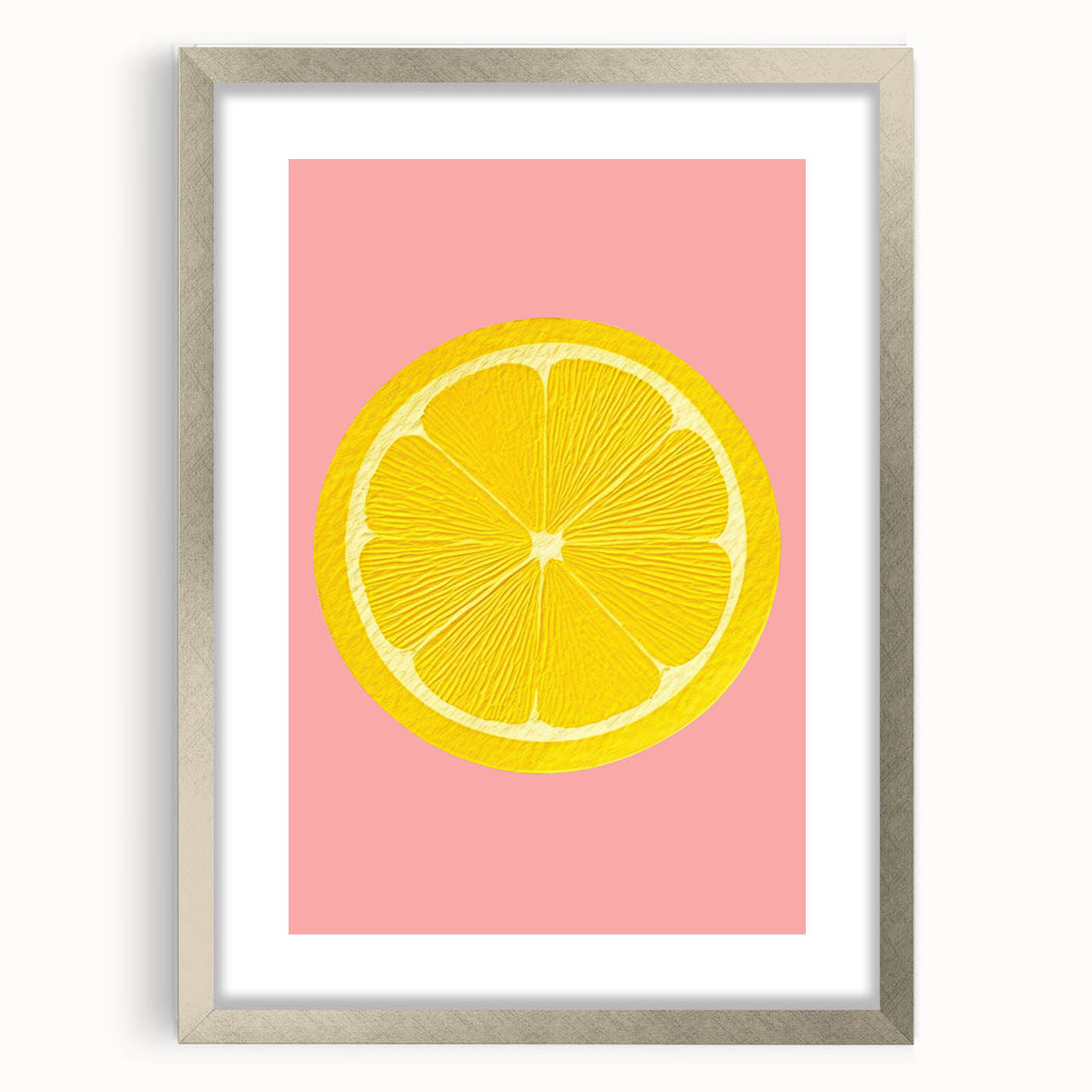 Textured art print featuring abstract patterns of fruits in muted colors, framed in silver, ideal for bedroom decor.