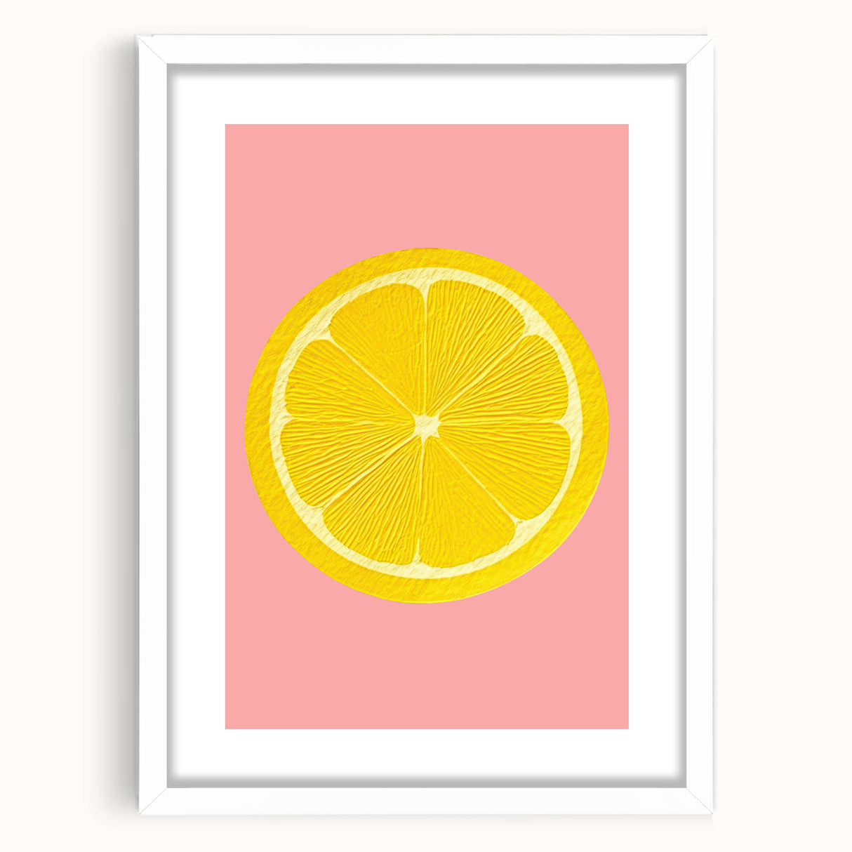 Abstract art print featuring assorted fruits in vibrant colors on a white framed mat, ideal for dining room decor.