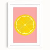 Abstract art print featuring assorted fruits in vibrant colors on a white framed mat, ideal for dining room decor.