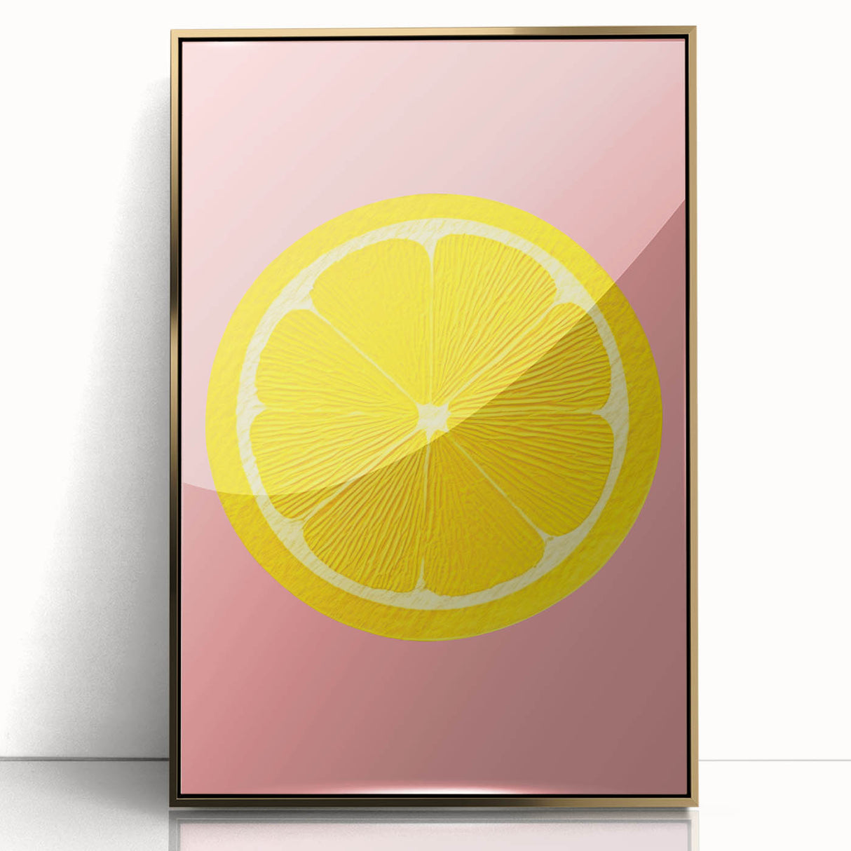 Large art print of colorful fruits in a mid-century modernist style, framed in gold acrylic.