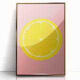 Large art print of colorful fruits in a mid-century modernist style, framed in gold acrylic.