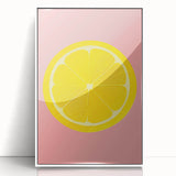 Art deco poster featuring an array of colorful fruits on a white acrylic framed canvas, ideal for modern kitchen decor.