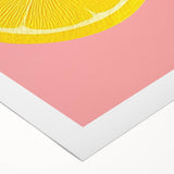 Art deco poster featuring an array of colorful fruits on rolled canvas, suitable for dining room wall art.