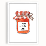 Abstract art print featuring multicolored geometric shapes on a white framed mat, suitable for dining room decor.