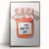 Large art print of a mid-century modernist food illustration in gold and white, acrylic framed.