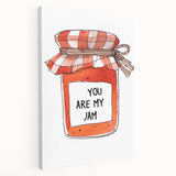 A large stretched canvas featuring a vibrant illustration of various kitchen utensils in bold colors.