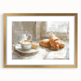 Extra large abstract art print of pastries in muted earth tones, framed in gold, ideal for living room decor.