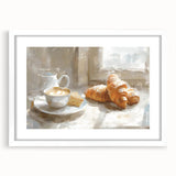 Abstract art print of assorted pastries in muted pastel shades, framed in white, suitable for dining room decor.
