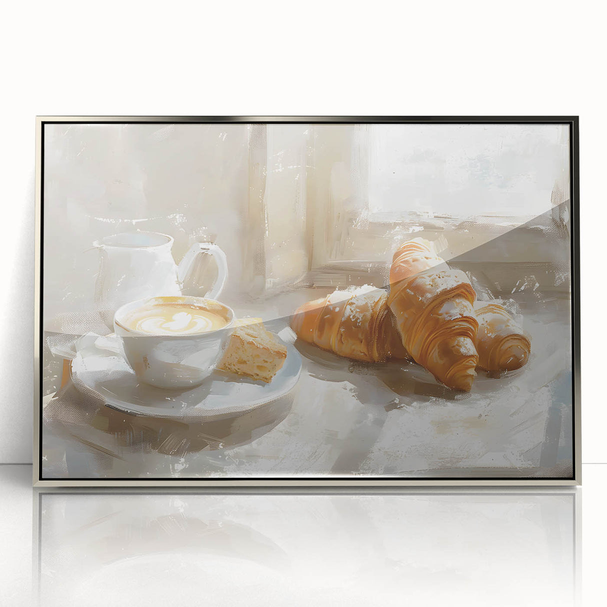 Mid-century modernist art featuring an array of pastries in muted colors, presented in a silver-framed acrylic.