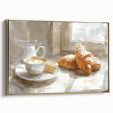 Framed canvas depicting vintage poster art of pastries, set in a gold frame, suitable for bedroom wall art.