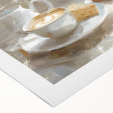 Art deco poster featuring assorted pastries in soft brown and cream tones on rolled canvas.