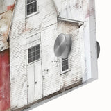 Close-up of a vibrant acrylic glass artwork depicting a rustic barn landscape, showcasing rich colors and intricate details, perfect for enhancing home decor.