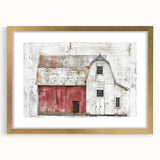 Landscape barn wall art framed with a gold mat, showcasing rustic charm and intricate detailing, perfect for home decor enthusiasts seeking a touch of elegance.