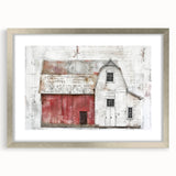 Framed landscape barn wall art in a sleek silver frame with a white mat, showcasing rustic charm and adding elegance to home decor.