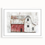 Landscape barn wall art framed in white with a mat, showcasing rustic charm and earthy tones, perfect for enhancing farmhouse decor and interior design aesthetics.