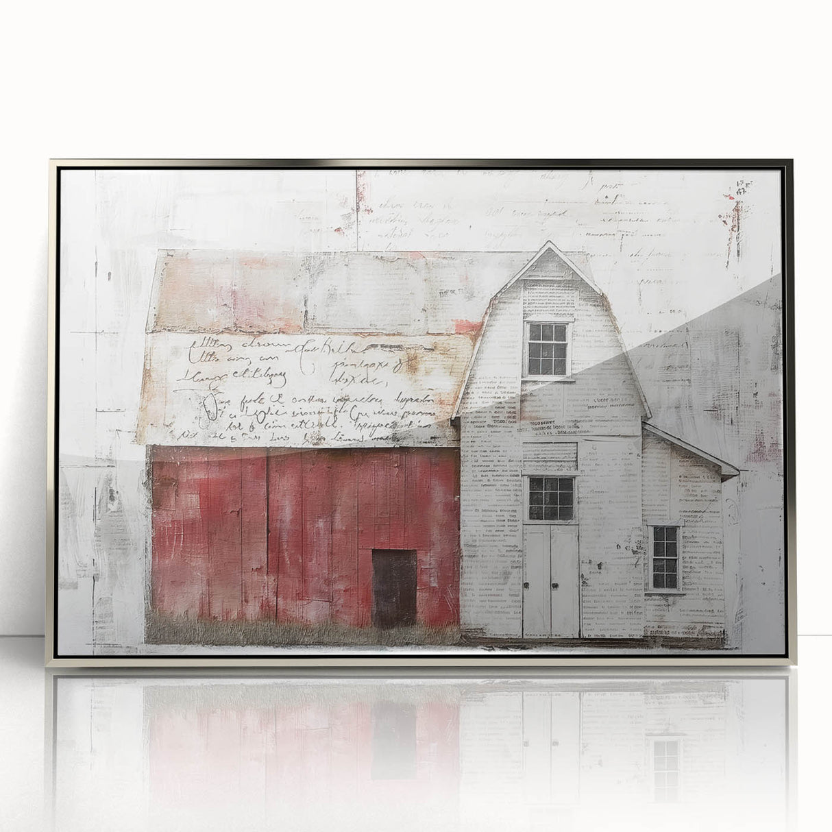 Framed acrylic wall art depicting a serene landscape featuring a rustic barn, surrounded by lush greenery and a clear blue sky, ideal for enhancing home decor.