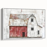 Framed canvas wall art depicting a serene landscape with a rustic barn, showcasing earthy tones and a white frame, perfect for enhancing home decor.