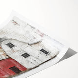 Rolled landscape barn wall art print showcasing a rustic farm scene with vibrant colors, packaged securely in a protective cardboard tube for easy display.