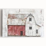 Landscape barn wall art on stretched canvas showcasing a rustic red barn surrounded by green fields under a bright blue sky, adding charm to any home decor.