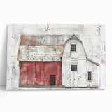 Stretched canvas wall art depicting a rustic barn landscape scene, featuring vibrant greens and earthy tones, perfect for farmhouse decor and enhancing cozy interiors.