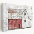 Stretched canvas wall art showcasing a serene landscape of a barn under a vibrant sunset, emphasizing rich colors and detailed brushwork for a rustic home decor accent.